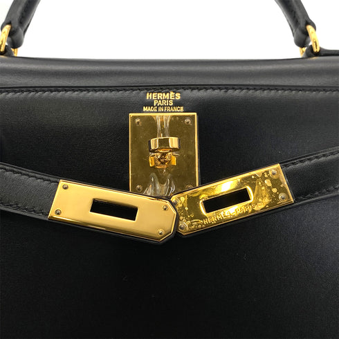 HERMES KELLY 28 SELLIER BLACK BOXCALF HAND SHOULDER BAG □A GHW 90297514 - PURPOSE