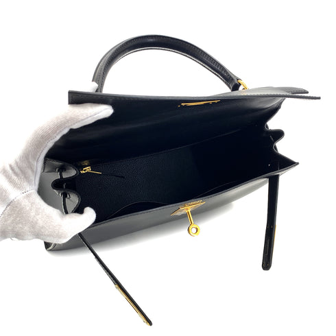 HERMES KELLY 28 SELLIER BLACK BOXCALF HAND SHOULDER BAG □A GHW 90297514 - PURPOSE