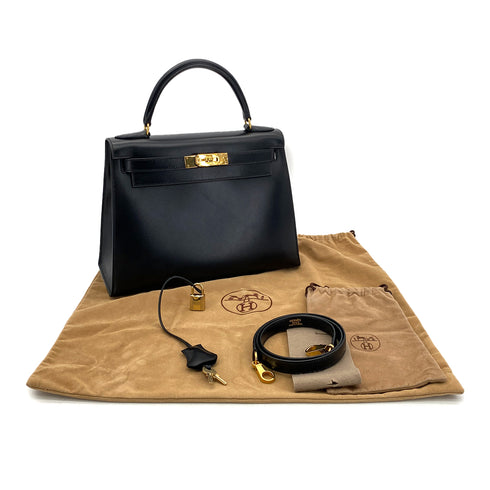 HERMES KELLY 28 SELLIER BLACK BOXCALF HAND SHOULDER BAG □A GHW 90297514 - PURPOSE