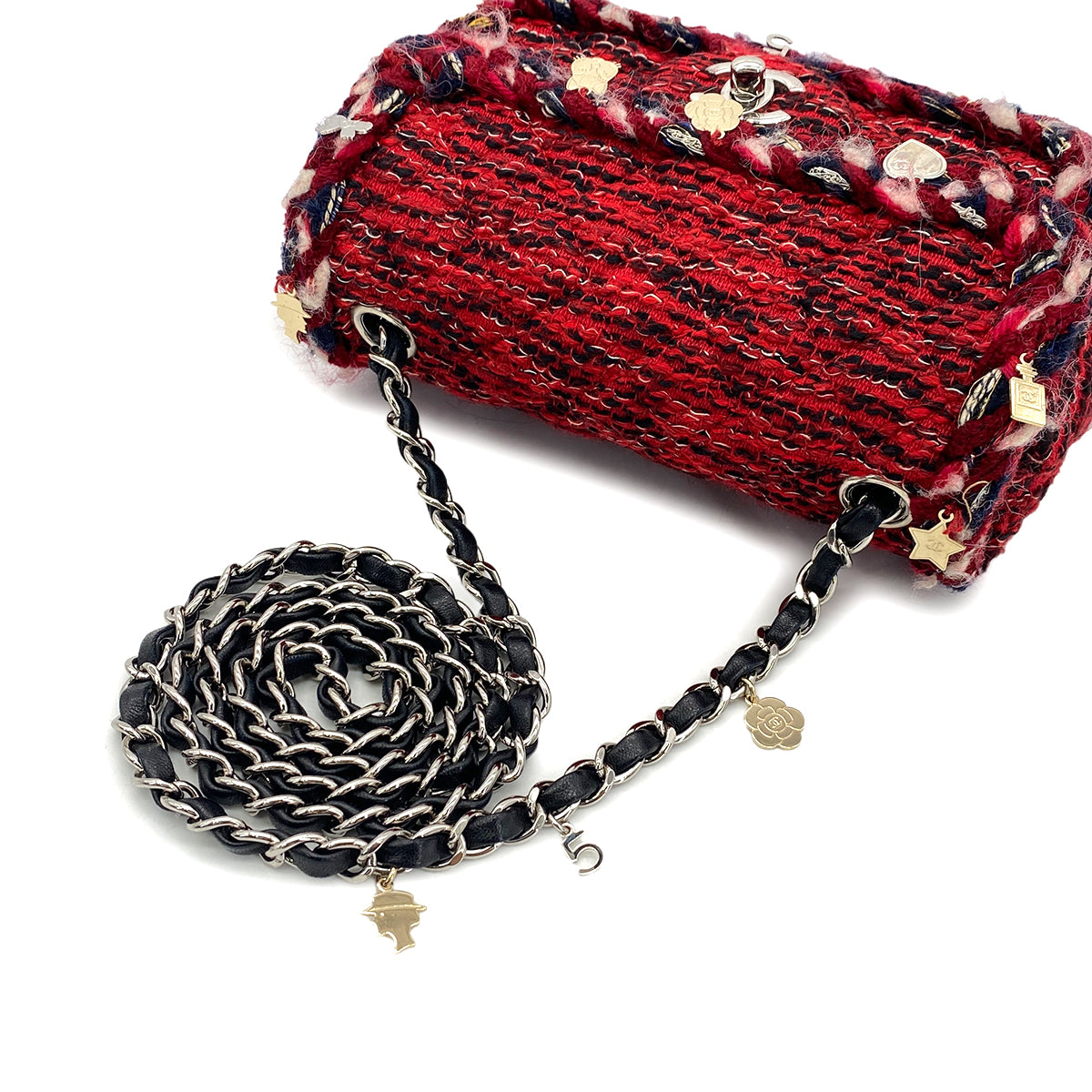 CHANEL MINI MATELASSE 20 BRAIDED CHARM CHAIN SHOULDER BAG RED TWEED 90297533