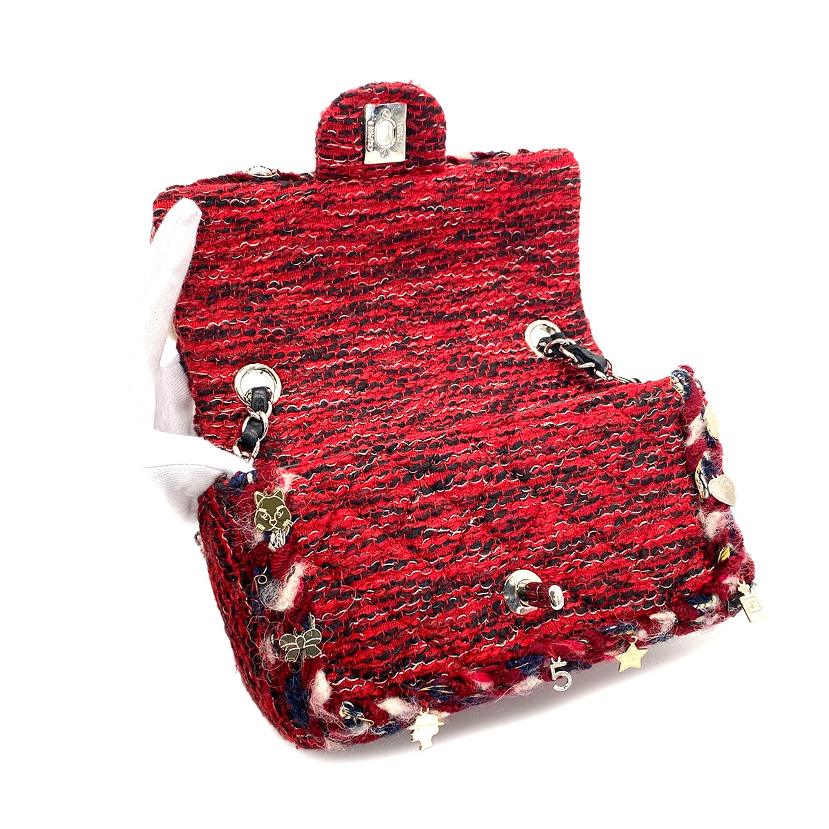 CHANEL MINI MATELASSE 20 BRAIDED CHARM CHAIN SHOULDER BAG RED TWEED 90297533
