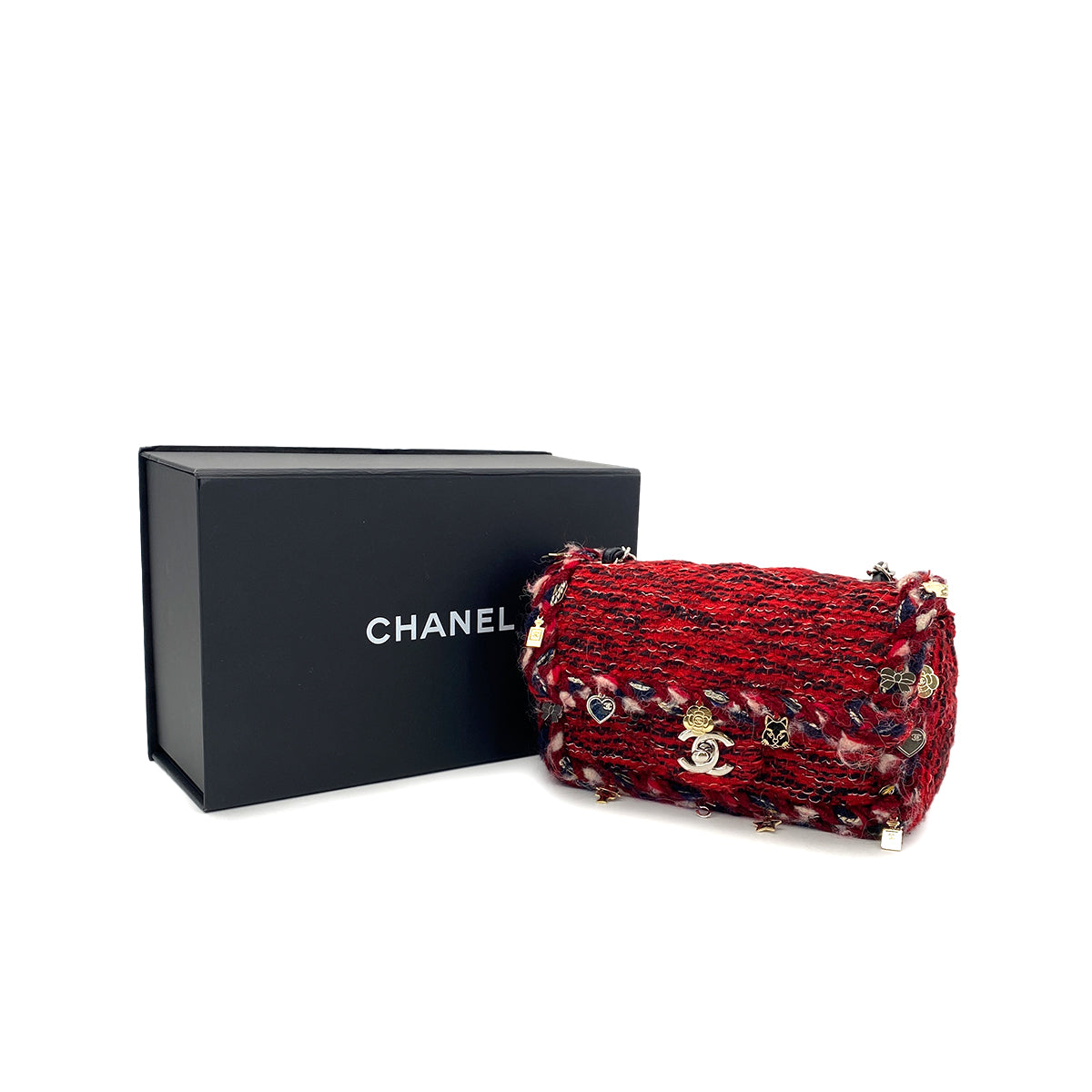 CHANEL MINI MATELASSE 20 BRAIDED CHARM CHAIN SHOULDER BAG RED TWEED 90297533