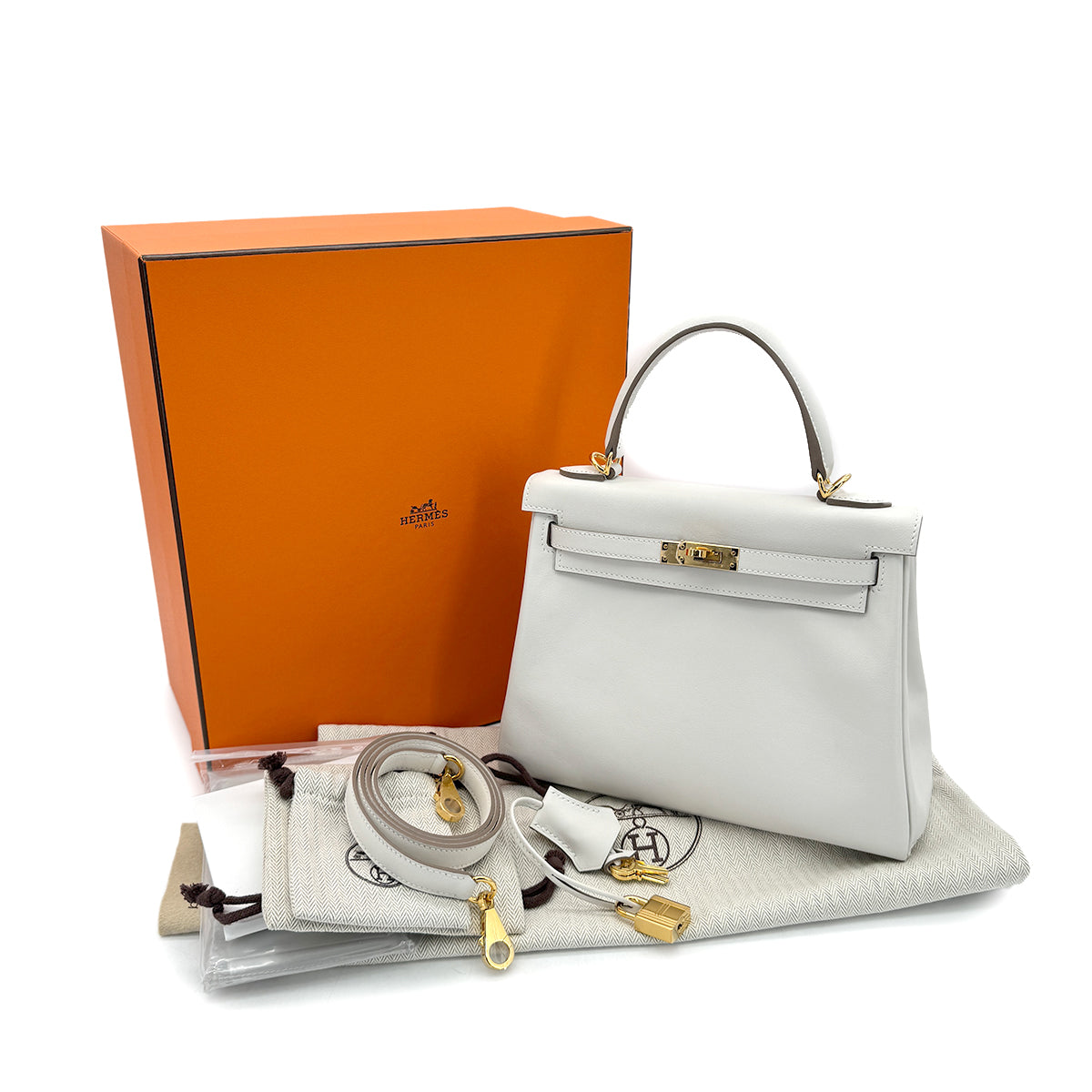 HERMES KELLY 25 RETOURNE GRIS PERLE SWIFT HAND SHOULDER BAG B GHW 90298154