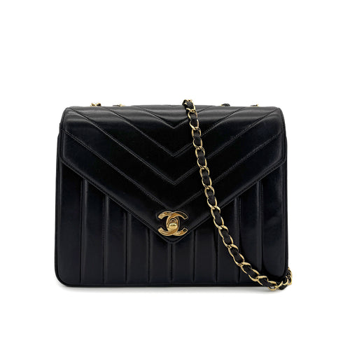 CHANEL VINTAGE V STITCH BLACK CHAIN SHOULDER BAG LAMB SKIN 90298165 - PURPOSE