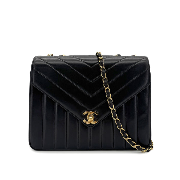 CHANEL VINTAGE V STITCH BLACK CHAIN SHOULDER BAG LAMB SKIN 90298165 - PURPOSE