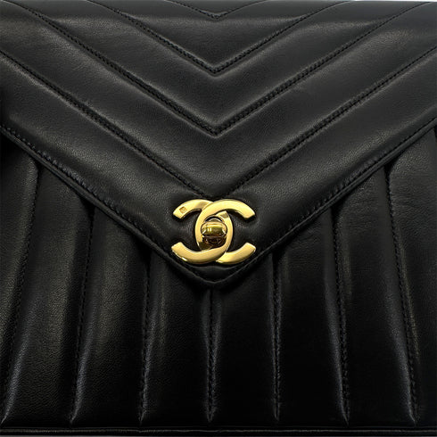 CHANEL VINTAGE V STITCH BLACK CHAIN SHOULDER BAG LAMB SKIN 90298165 - PURPOSE