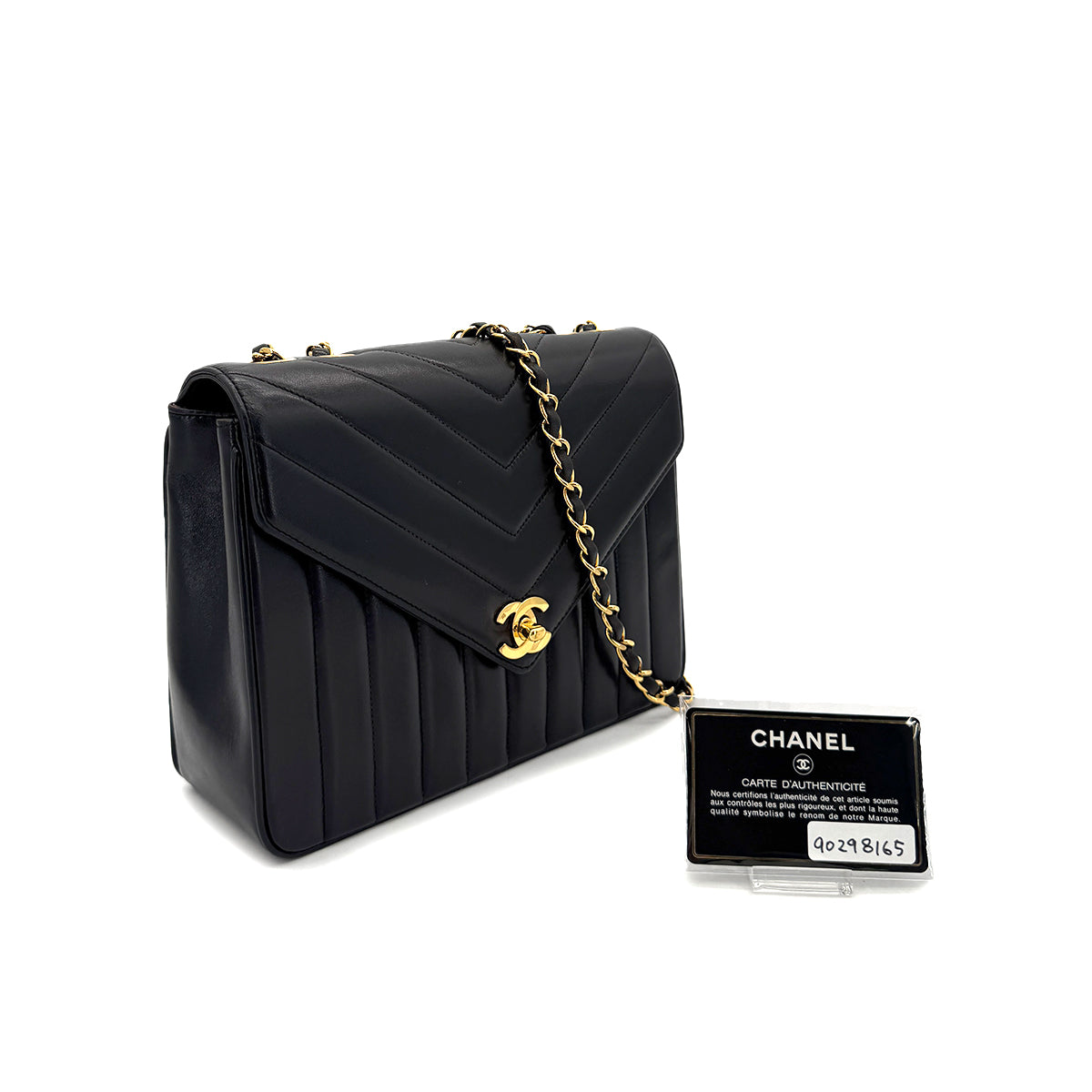 CHANEL VINTAGE V STITCH BLACK CHAIN SHOULDER BAG LAMB SKIN 90298165