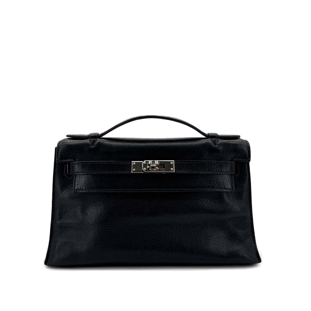 HERMES KELLY POCHETTE SELLIER BLACK EVERGRAIN HAND BAG □H SHW 90298325