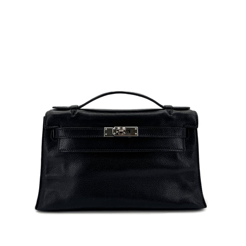 HERMES KELLY POCHETTE SELLIER BLACK EVERGRAIN HAND BAG □H SHW 90298325 - PURPOSE