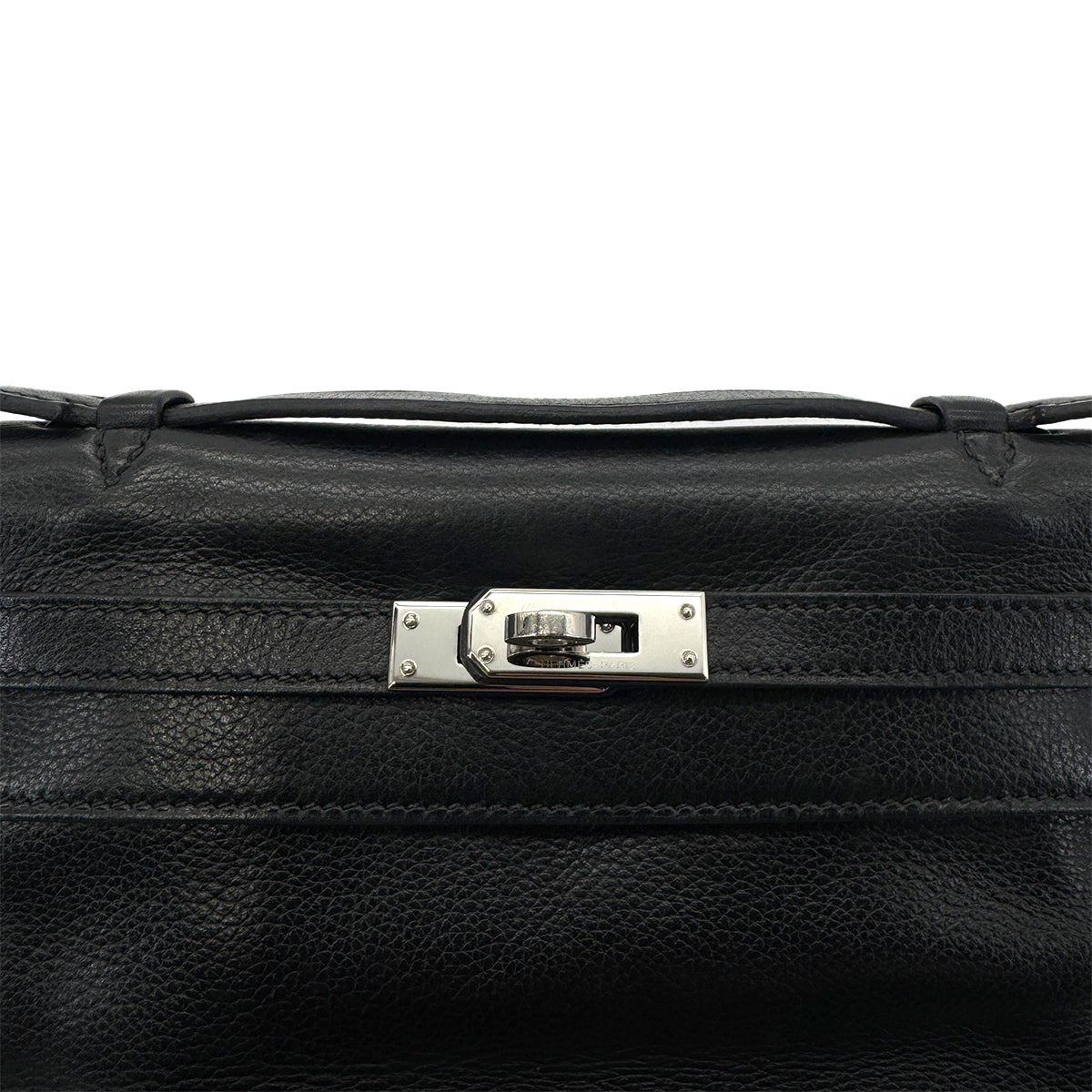 HERMES KELLY POCHETTE SELLIER BLACK EVERGRAIN HAND BAG □H SHW 90298325