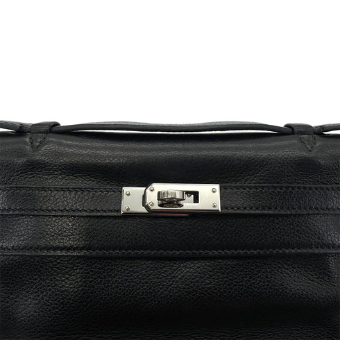 HERMES KELLY POCHETTE SELLIER BLACK EVERGRAIN HAND BAG □H SHW 90298325 - PURPOSE