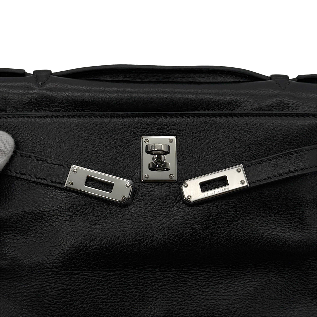 HERMES KELLY POCHETTE SELLIER BLACK EVERGRAIN HAND BAG □H SHW 90298325