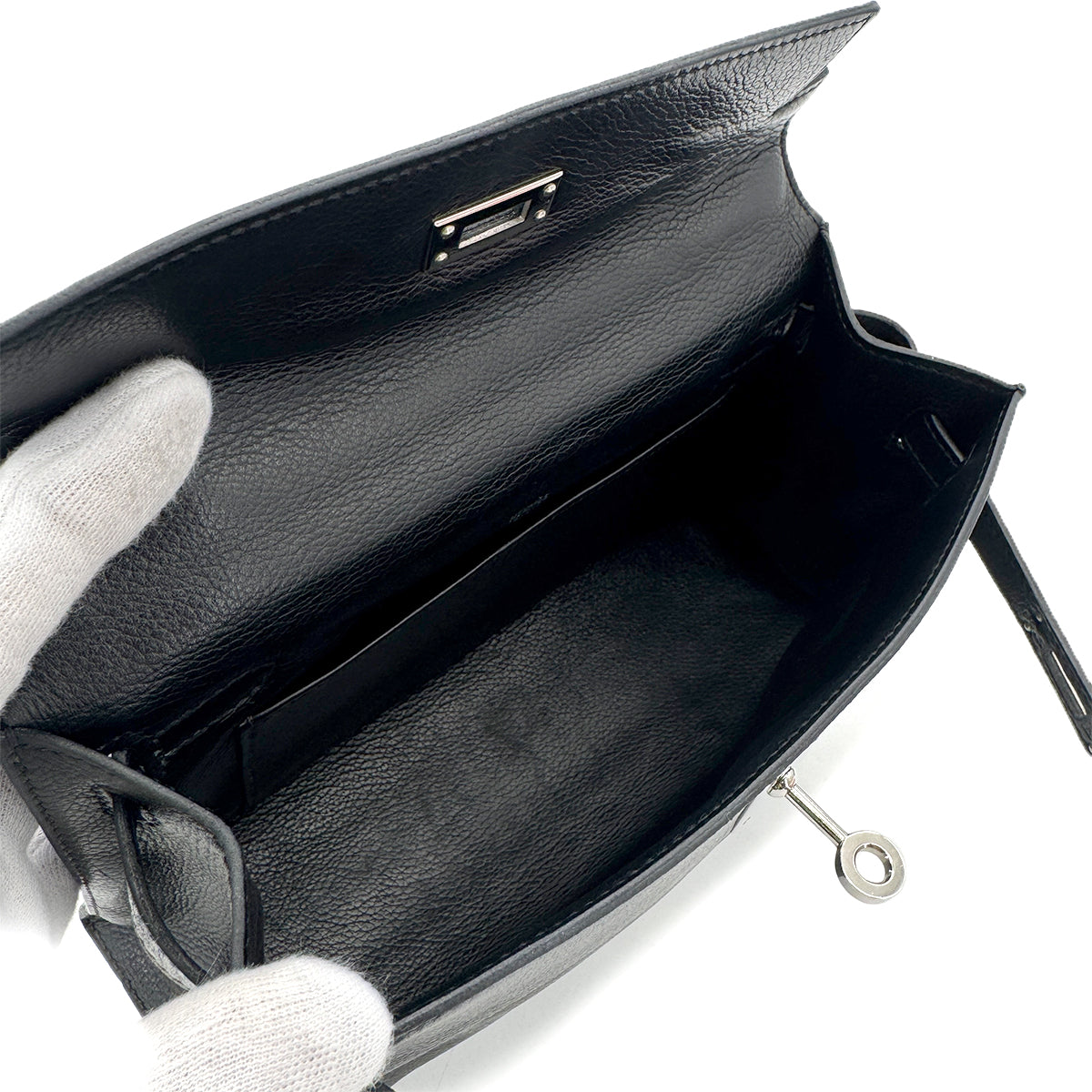 HERMES KELLY POCHETTE SELLIER BLACK EVERGRAIN HAND BAG □H SHW 90298325