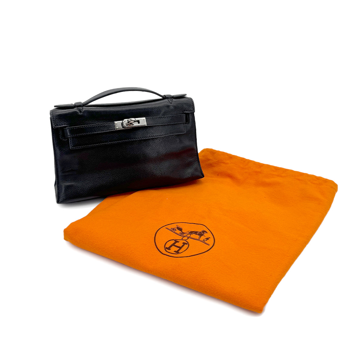 HERMES KELLY POCHETTE SELLIER BLACK EVERGRAIN HAND BAG □H SHW 90298325
