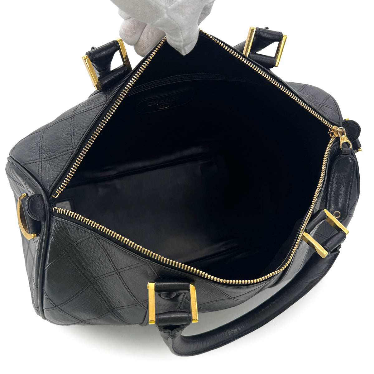 CHANEL VINTAGE BICOLORE BOSTON SHOULDER BAG BLACK LEATHER 90298331