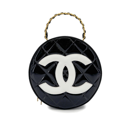 CHANEL VINTAGE ROUND VANITY HAND BAG BLACK ENAMEL 90298334
