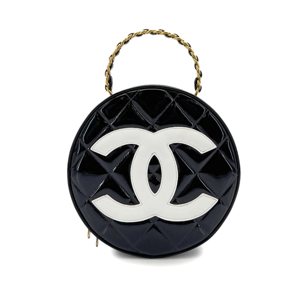 CHANEL VINTAGE ROUND VANITY HAND BAG BLACK ENAMEL 90298334