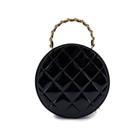 CHANEL VINTAGE ROUND VANITY HAND BAG BLACK ENAMEL 90298334