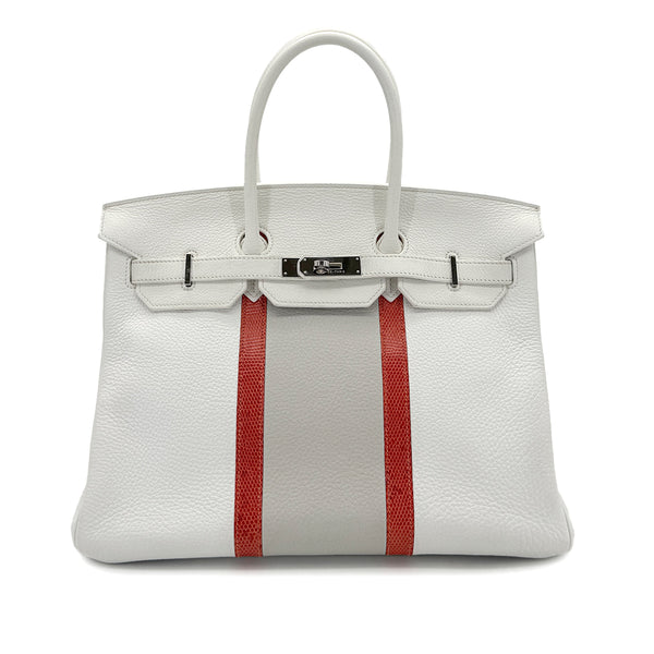 HERMES BIRKIN CLUB 35 WHITE GRIS PERLE SANGUINE TAURILLON CLEMENCE LIZARD HAND BAG □P SHW 90298337 - PURPOSE