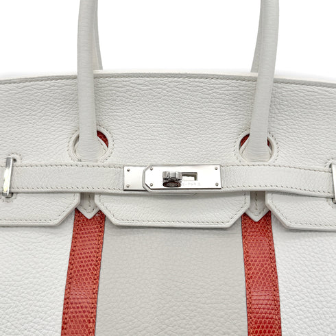 HERMES BIRKIN CLUB 35 WHITE GRIS PERLE SANGUINE TAURILLON CLEMENCE LIZARD HAND BAG □P SHW 90298337 - PURPOSE