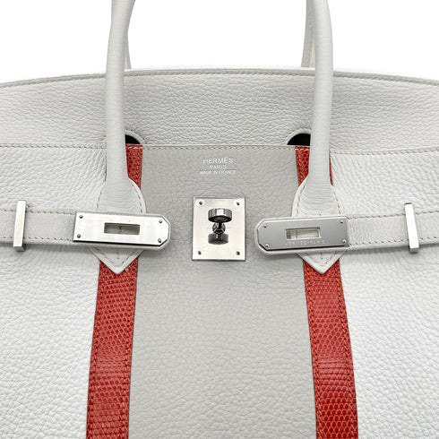 HERMES BIRKIN CLUB 35 WHITE GRIS PERLE SANGUINE TAURILLON CLEMENCE LIZARD HAND BAG □P SHW 90298337 - PURPOSE