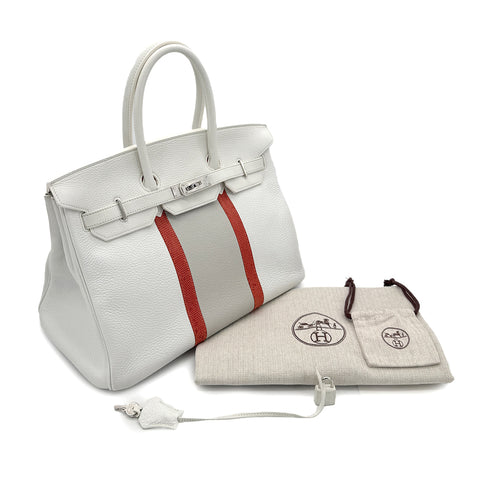 HERMES BIRKIN CLUB 35 WHITE GRIS PERLE SANGUINE TAURILLON CLEMENCE LIZARD HAND BAG □P SHW 90298337 - PURPOSE