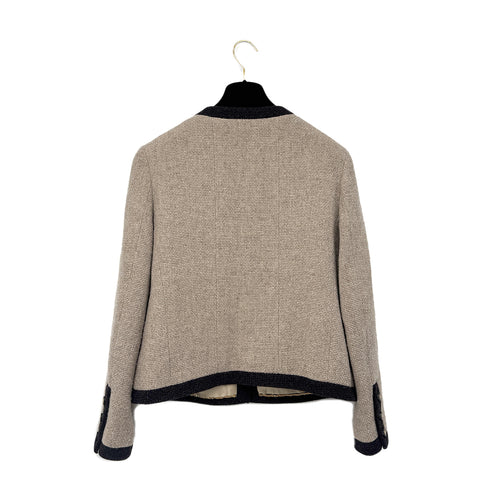 CHANEL VINTAGE COCO BUTTON TWEED COLLARLESS JACKET BROWN WOOL 44 96A RTW 90298340