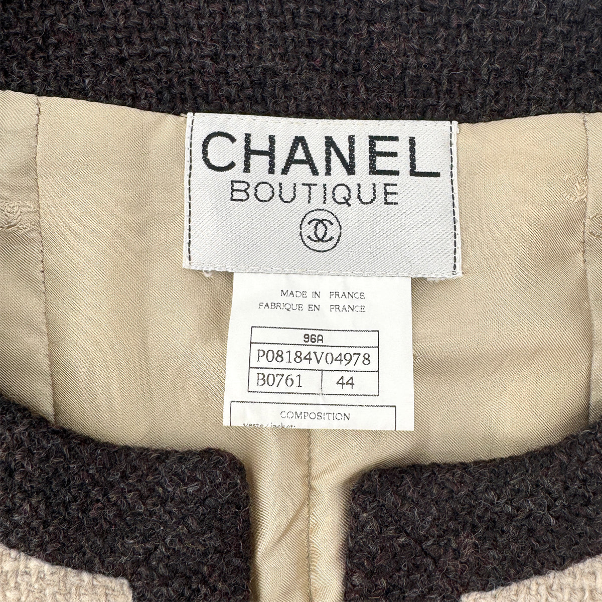 CHANEL VINTAGE COCO BUTTON TWEED COLLARLESS JACKET BROWN WOOL 44 96A RTW 90298340