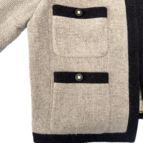 CHANEL VINTAGE COCO BUTTON TWEED COLLARLESS JACKET BROWN WOOL 44 96A RTW 90298340
