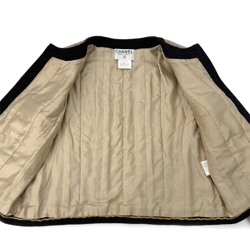 CHANEL VINTAGE COCO BUTTON TWEED COLLARLESS JACKET BROWN WOOL 44 96A RTW 90298340