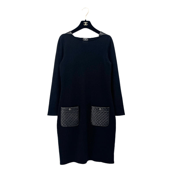 CHANEL COCO BUTTON MATELASSE LAMB SKIN POCKET LONG SLEEVE KNIT DRESS WOOL 38 P44 RTW 90298342
