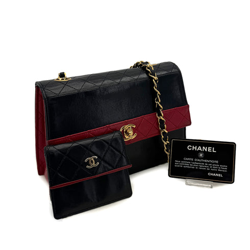 CHANEL VINTAGE MATELASSE CHAIN SHOULDER BAG BLACK RED LAMB SKIN 90298425 - PURPOSE
