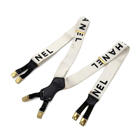 CHANEL VINTAGE SUSPENDER LOGO WHITE BLACK CANVAS LEATHER 90298441 - PURPOSE