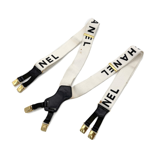 CHANEL VINTAGE SUSPENDER LOGO WHITE BLACK CANVAS LEATHER 90298441 - PURPOSE