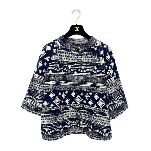 CHANEL COCOMARK JACQUARD DROP SHOULDER TOPS NAVY WHITE COTTON 46 P58 RTW 90298744