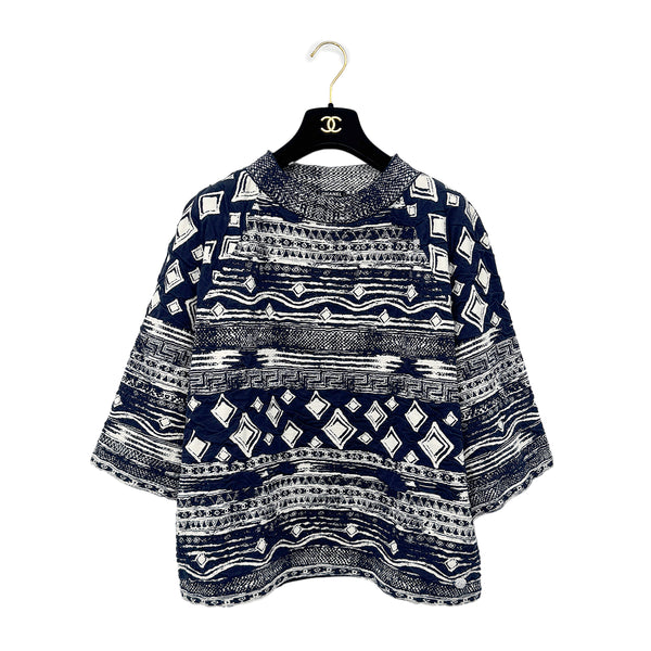 CHANEL COCOMARK JACQUARD DROP SHOULDER TOPS NAVY WHITE COTTON 46 P58 RTW 90298744