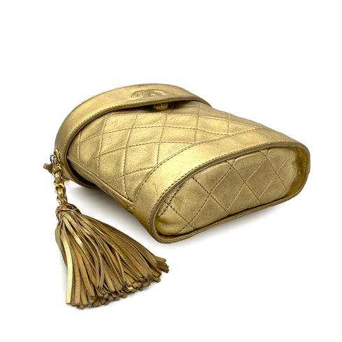 CHANEL VINTAGE FRINGE SHOULDER BAG GOLD LAMB SKIN 90298836