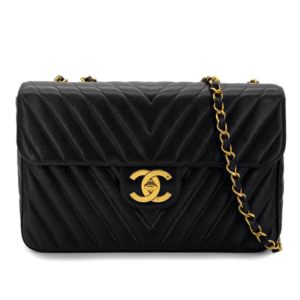 CHANEL VINTAGE MAXI CHEVRON CHAIN SHOULDER BAG BLACK CAVIAR SKIN 90299091 - PURPOSE