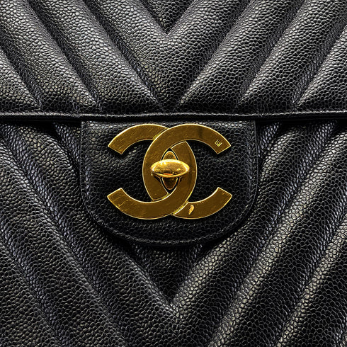 CHANEL VINTAGE MAXI CHEVRON CHAIN SHOULDER BAG BLACK CAVIAR SKIN 90299091 - PURPOSE