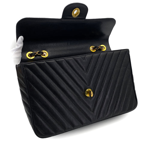 CHANEL VINTAGE MAXI CHEVRON CHAIN SHOULDER BAG BLACK CAVIAR SKIN 90299091 - PURPOSE