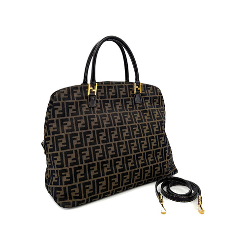 FENDI ZUCCA TOTE SHOULDER BAG BROWN BLACK CANVAS LEATHER 90299167 - PURPOSE