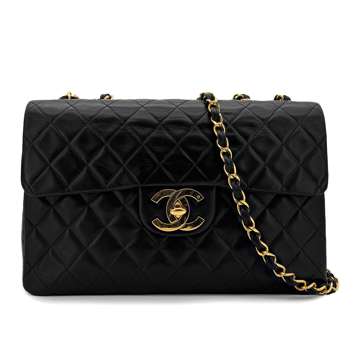 CHANEL VINTAGE MAXI MATELASSE 34 CHAIN SHOULDER BAG BLACK LAMB SKIN 90299307