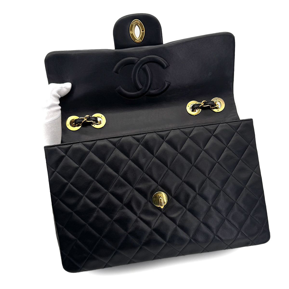 CHANEL VINTAGE MAXI MATELASSE 34 CHAIN SHOULDER BAG BLACK LAMB SKIN 90299307