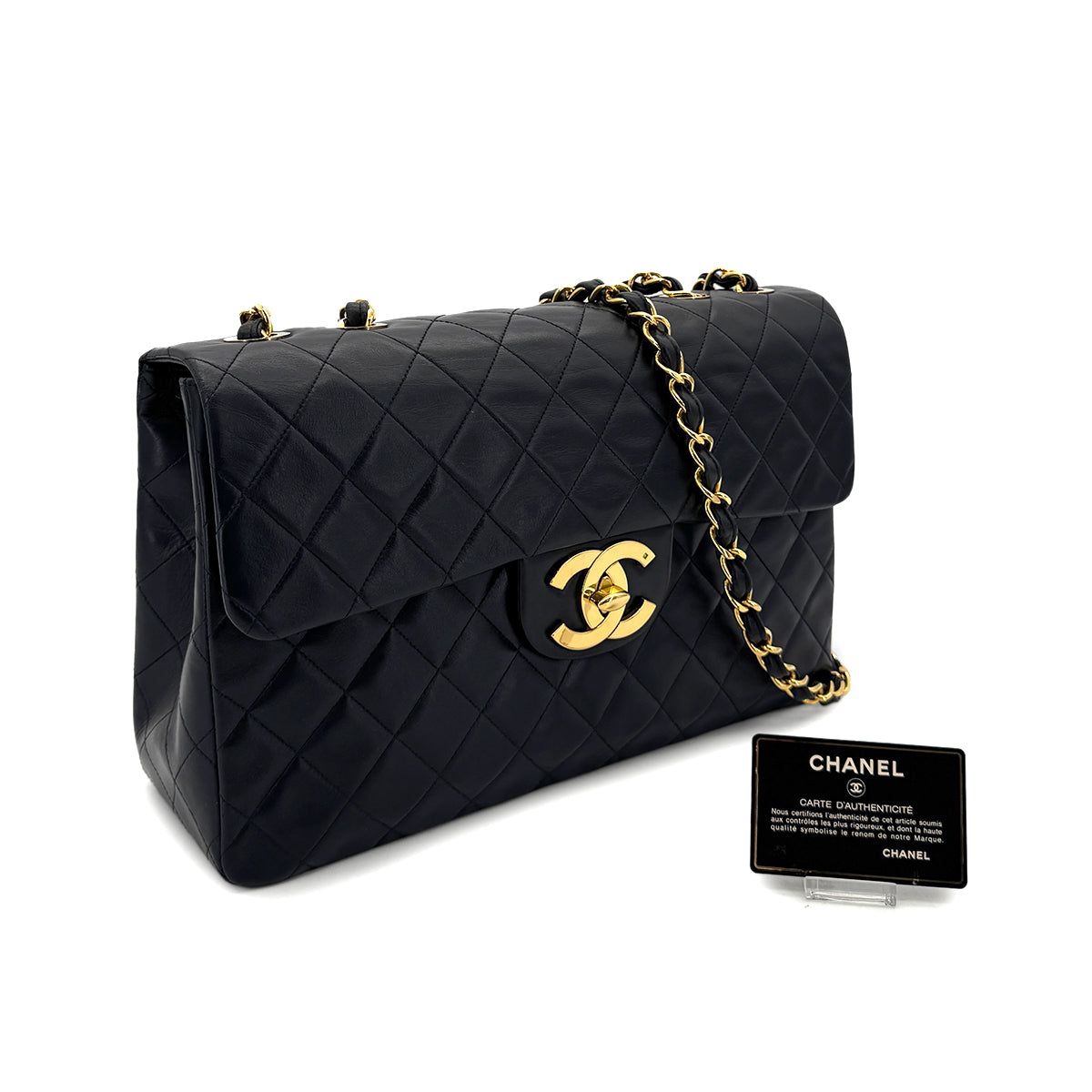 CHANEL VINTAGE MAXI MATELASSE 34 CHAIN SHOULDER BAG BLACK LAMB SKIN 90299307