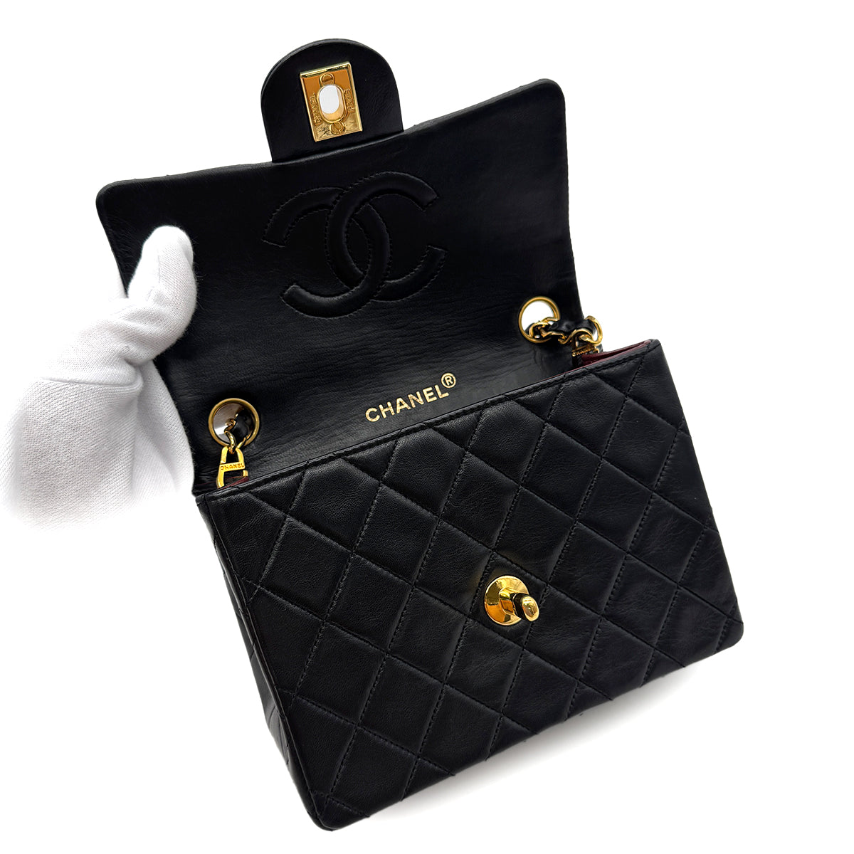 CHANEL VINTAGE MINI SQUARE 17 CHAIN SHOULDER BAG BLACK LAMB SKIN 90299340