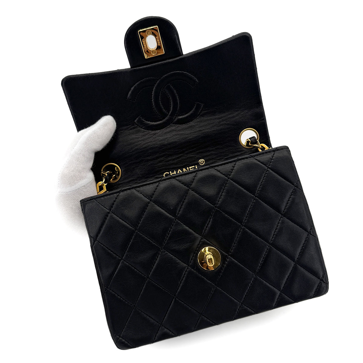 CHANEL VINTAGE MINI SQUARE 17 CHAIN SHOULDER BAG BLACK LAMB SKIN 90299347