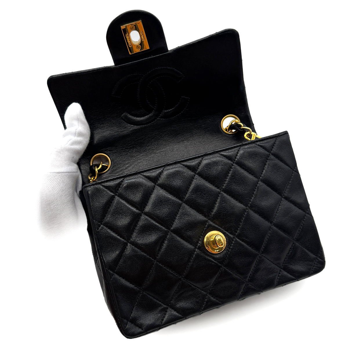 CHANEL VINTAGE MINI SQUARE 17 CHAIN SHOULDER BAG BLACK LAMB SKIN 90299351