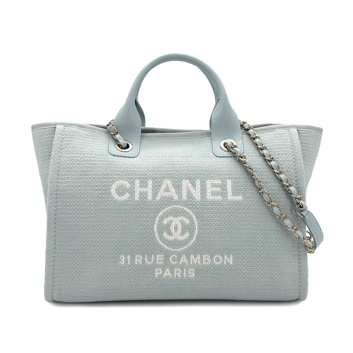 CHANEL DEAUVILLE SMALL CHAIN TOTE BAG LIGHT BLUE CANVAS LEATHER 90299536