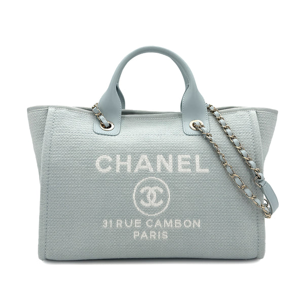 CHANEL DEAUVILLE MM CHAIN TOTE BAG LIGHT BLUE CANVAS LEATHER 90299536 - PURPOSE