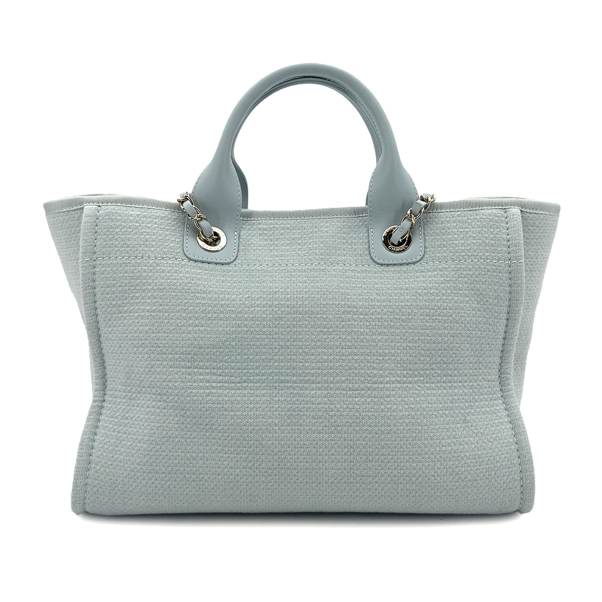 CHANEL DEAUVILLE SMALL CHAIN TOTE BAG LIGHT BLUE CANVAS LEATHER 90299536